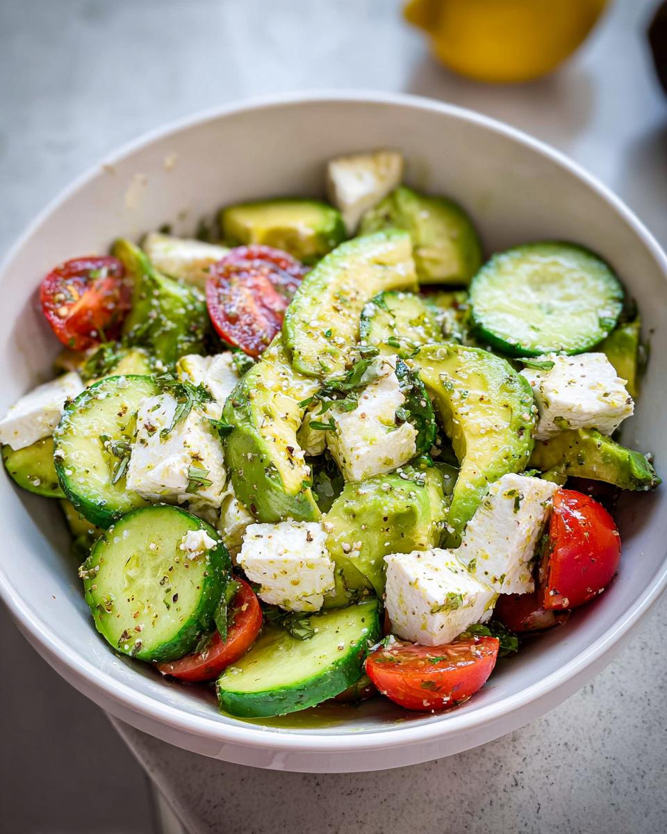 Close-up of a vibrant Feta & Avocado Lunch Bowl featuring chunks of avocado, feta cheese, cucumber slices, and cherry tomatoes.