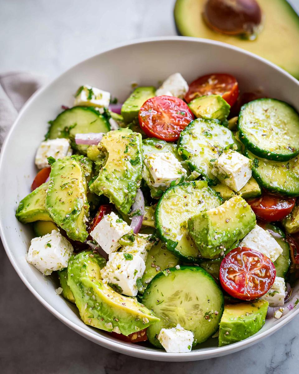 Close-up of a vibrant Feta & Avocado Lunch Bowl with chunks of avocado, feta cheese, cucumbers, and tomatoes.