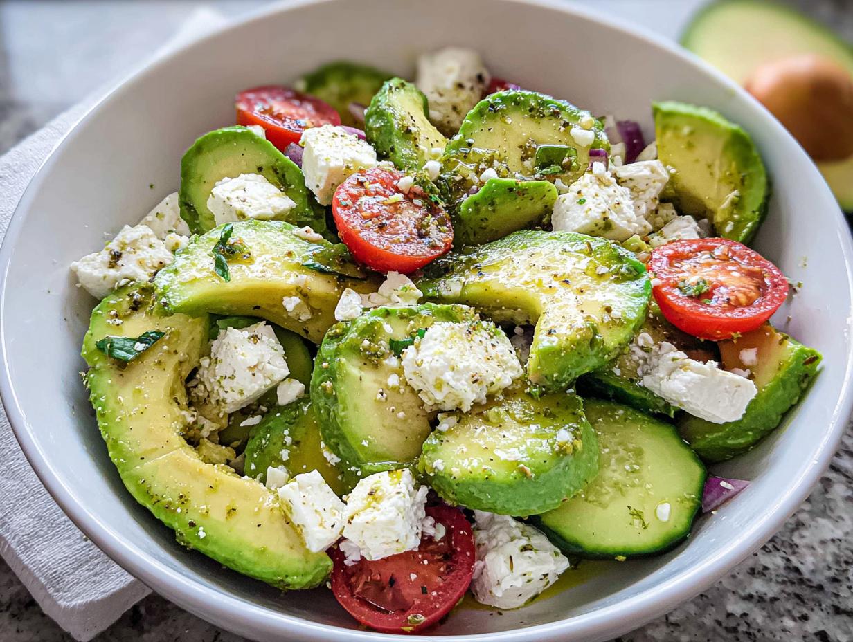 Close-up of a vibrant Feta & Avocado Lunch Bowl featuring sliced avocado, feta cheese cubes, and cherry tomatoes dressed with herbs.