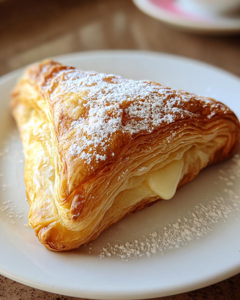 A golden, flaky pastry dusted with powdered sugar, showing vanilla filling oozing out, perfect for special breakfasts.