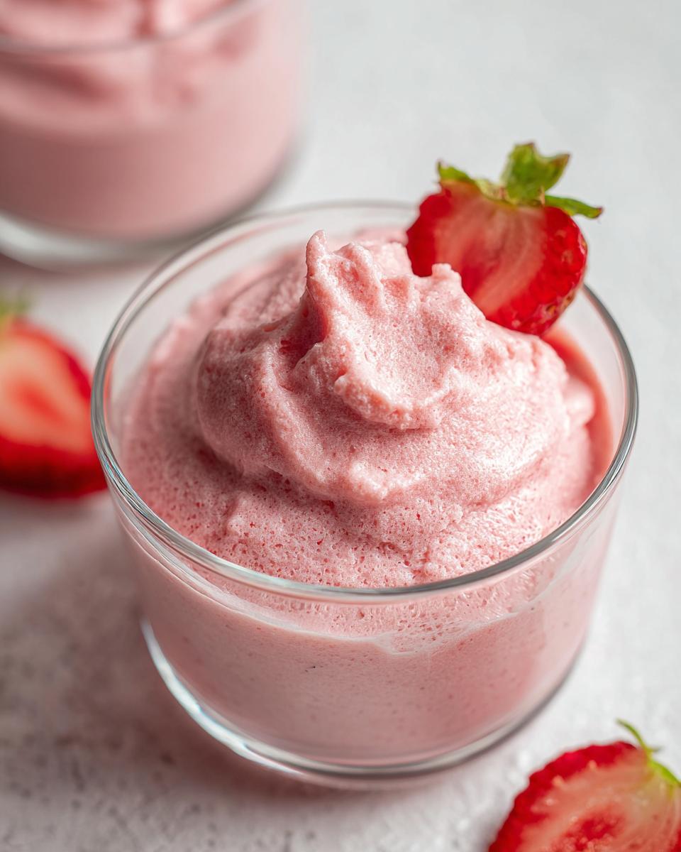 Close-up of fluffy pink Healthy Strawberry Mousse topped with a fresh strawberry slice.