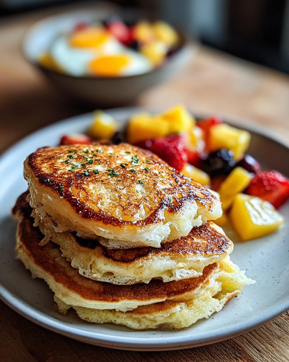 Stack of fluffy pancakes garnished with chives, served with mixed fruit, a true Comfort Breakfast Everyone Will Love.