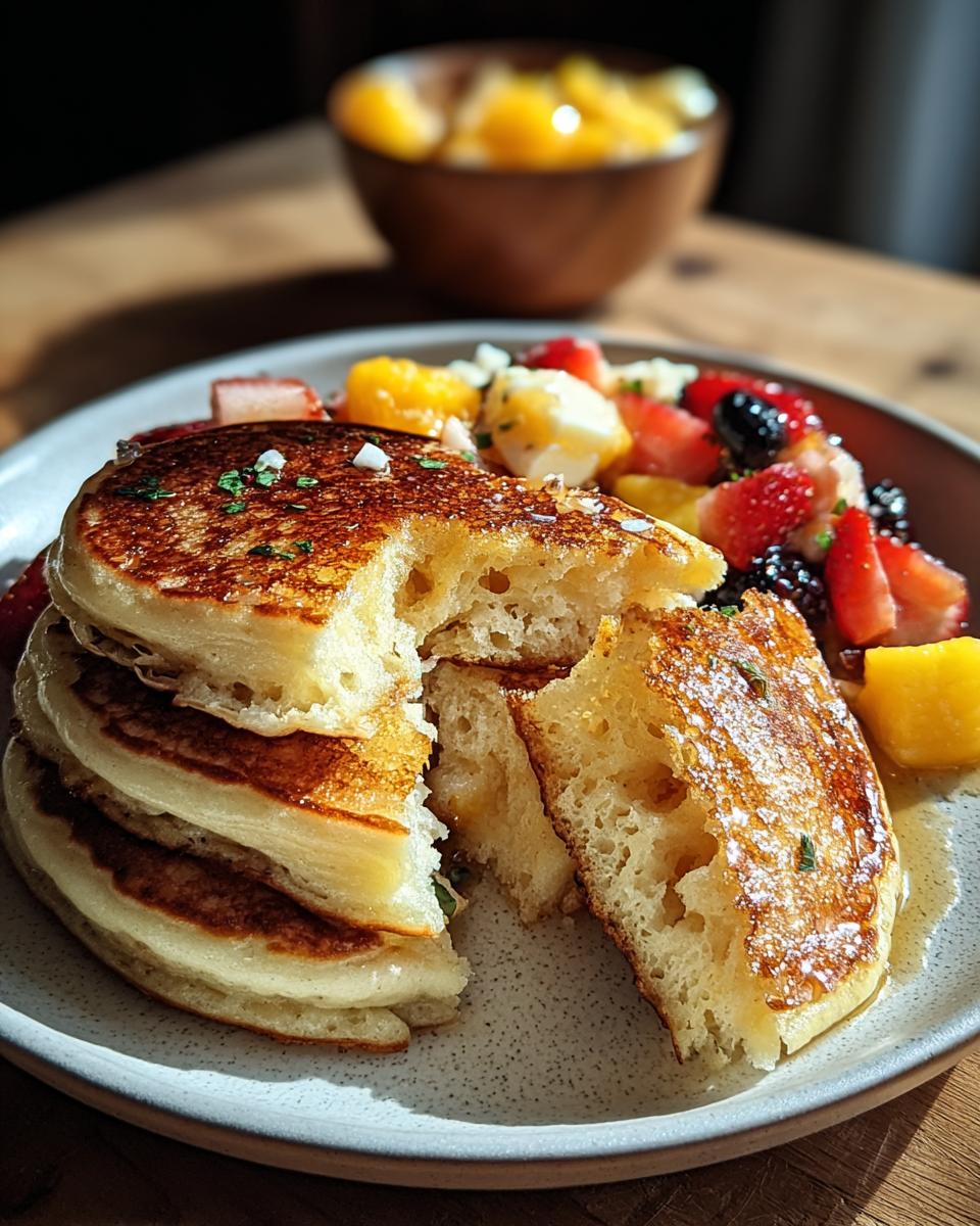 Close-up of fluffy pancakes stacked, torn open to show the airy interior, served with fresh mixed berries.
