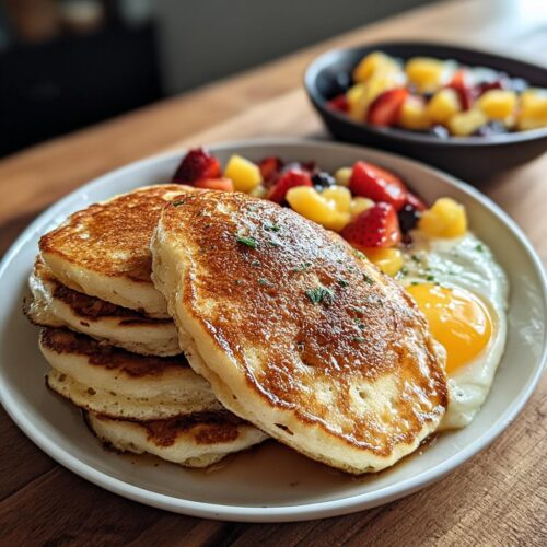 Stack of fluffy pancakes drizzled with syrup next to a sunny-side-up egg and fruit, showing why this is a Comfort Breakfast Everyone Will Love.