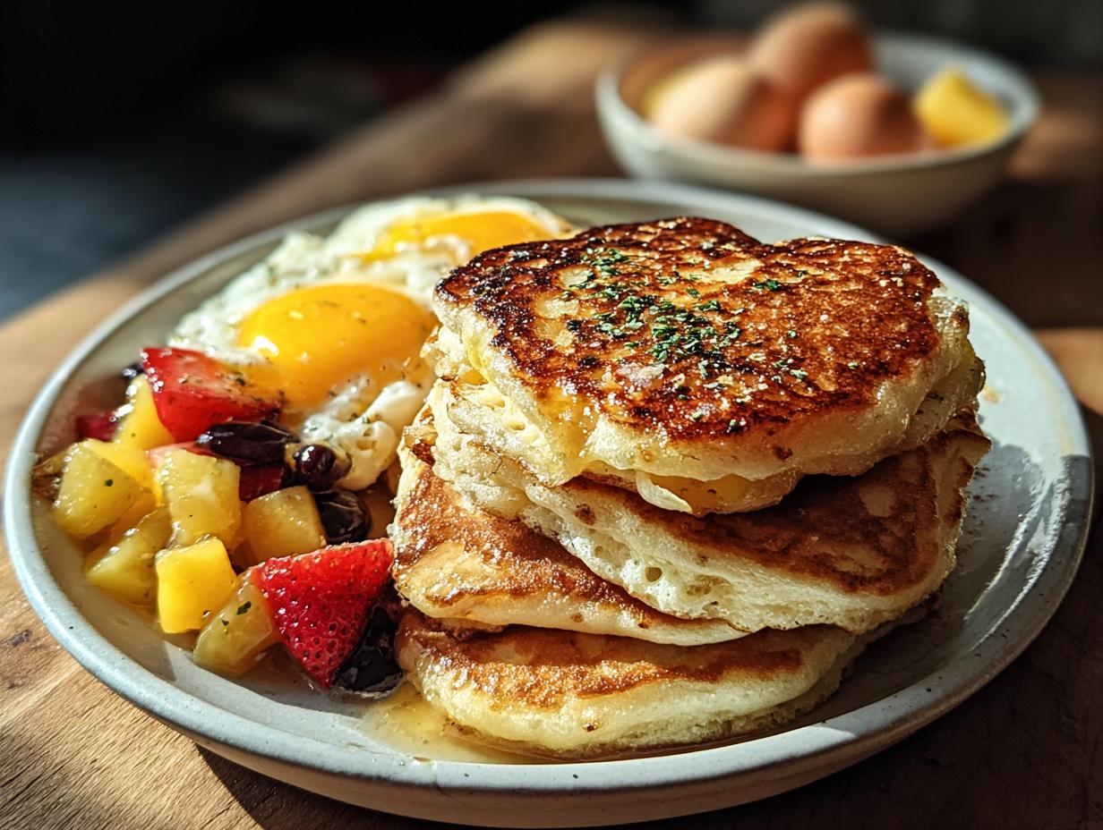Stack of fluffy pancakes served with sunny-side-up eggs and fruit salad, a perfect Comfort Breakfast Everyone Will Love.