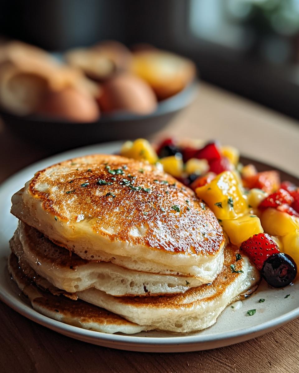Stack of fluffy pancakes served with mixed fruit, a true Comfort Breakfast Everyone Will Love.