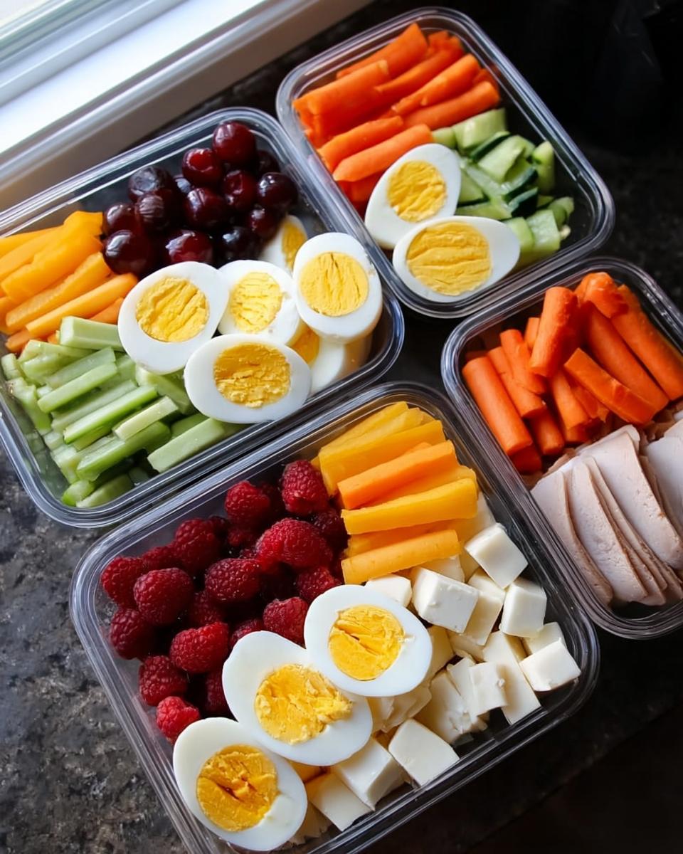 Four clear containers filled with ingredients for Meal Prep Snack Boxes, including hard-boiled eggs, carrots, cheese, and berries.