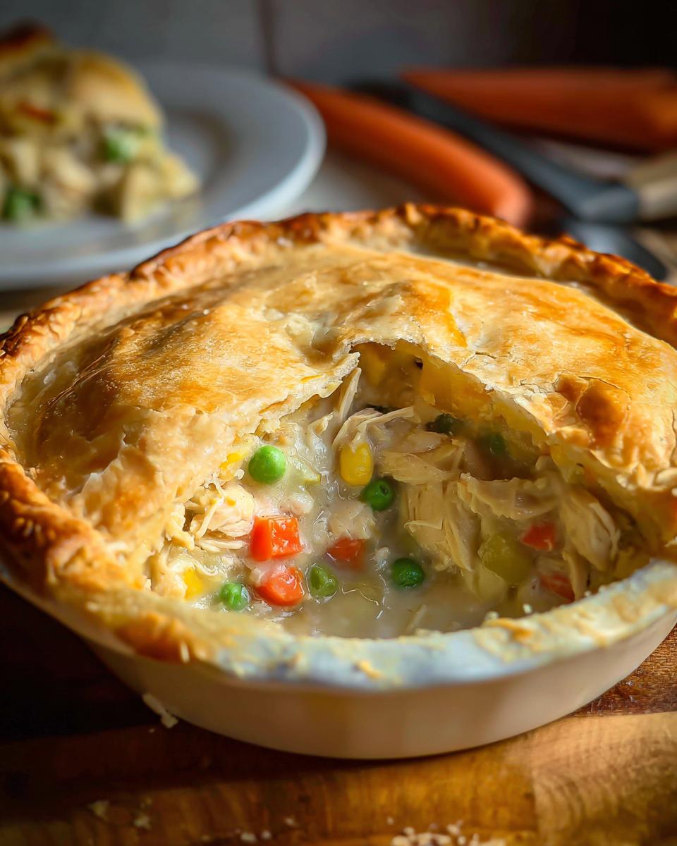 Close-up of a golden-brown crust broken open to reveal the creamy filling of a Freezer-Friendly Chicken Pot Pie.
