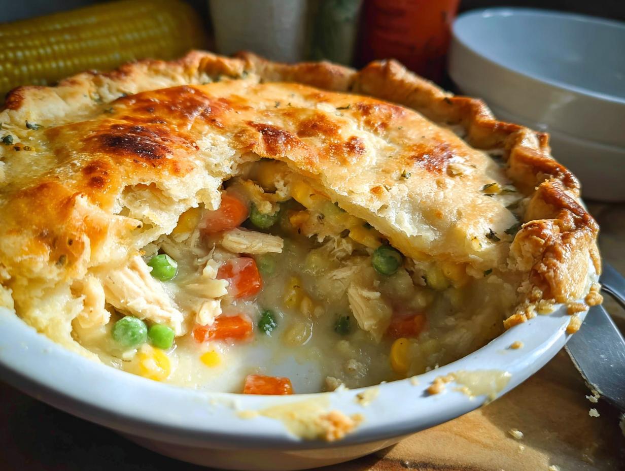 Close-up of a freshly baked Freezer-Friendly Chicken Pot Pie with a flaky golden crust broken open to show creamy chicken and vegetable filling.