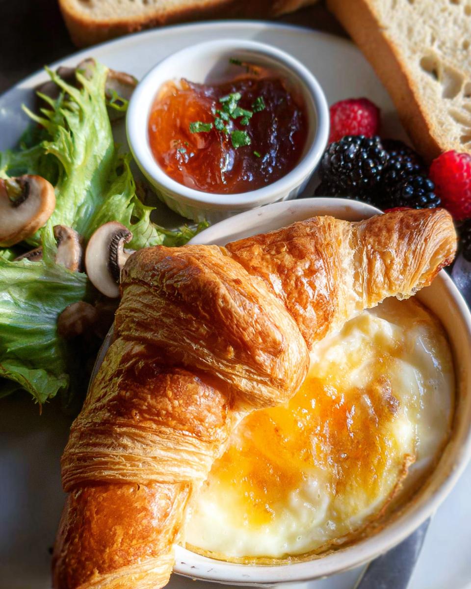 A golden croissant resting on a baked egg dish, part of a French Café Style Breakfast at Home spread.