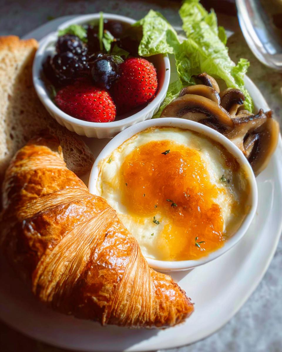 A plate featuring a golden croissant, baked egg in a ramekin, fresh berries, and sautéed mushrooms for a French Café Style Breakfast at Home.