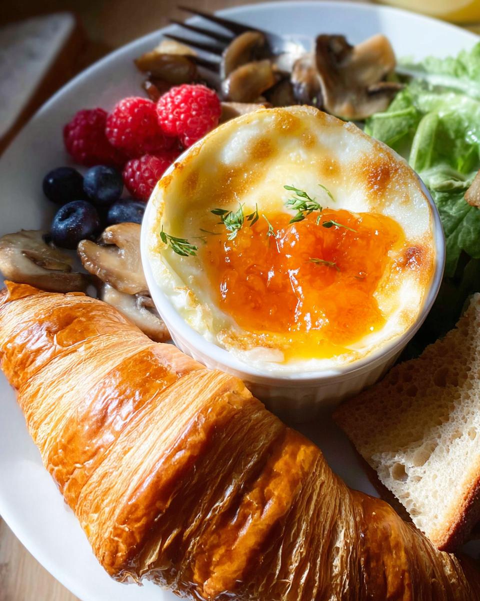 A plate featuring a French Café Style Breakfast at Home, including a golden croissant, baked egg with jam, berries, and mushrooms.
