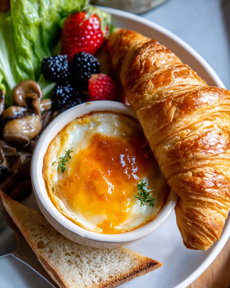 A plate featuring a golden croissant, a baked egg in a ramekin, and fresh berries for a French Café Style Breakfast at Home.