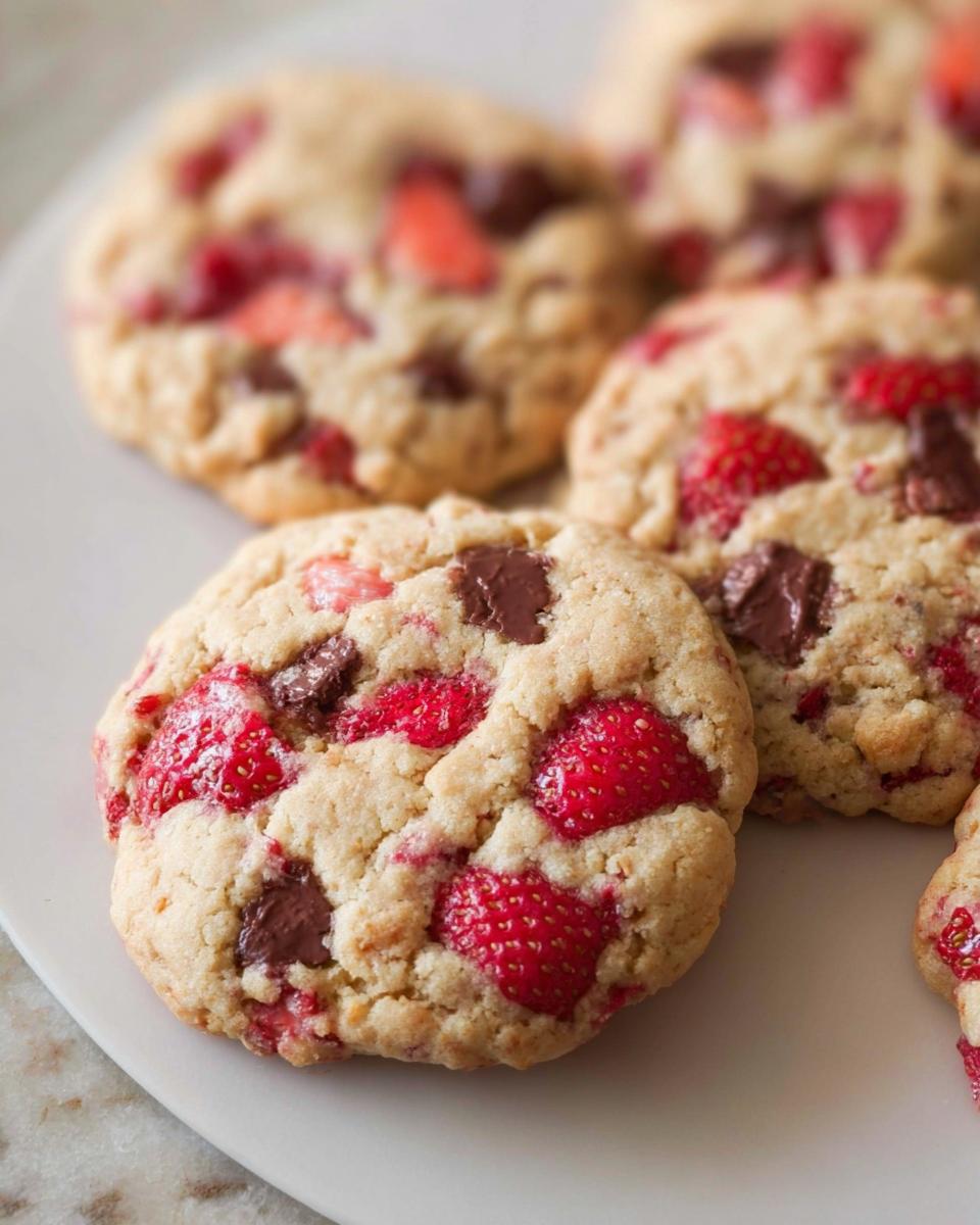 A close-up of freshly baked Fresh Strawberry Cookies studded with bright red strawberries and dark chocolate chunks on a white plate.