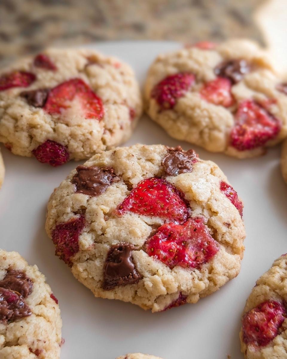 A close-up view of several Fresh Strawberry Cookies studded with bright red strawberries and melted chocolate chunks on a white plate.