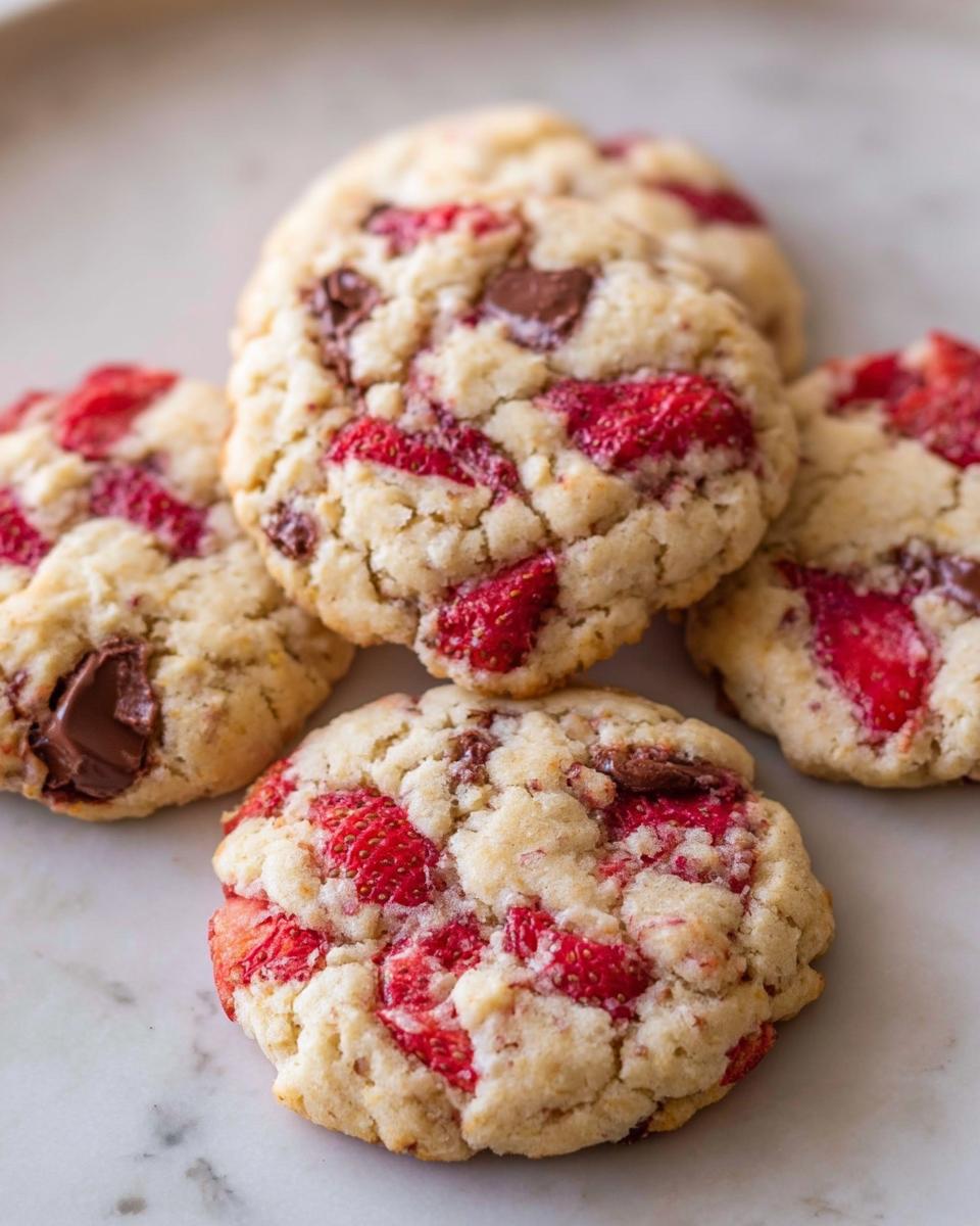 A stack of delicious Fresh Strawberry Cookies featuring visible chunks of bright red strawberries and melted chocolate chips on a marble surface.