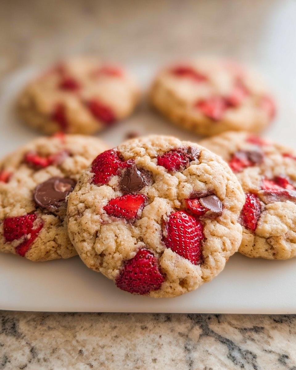 Close-up of freshly baked Fresh Strawberry Cookies studded with bright red strawberry pieces and melted chocolate chips.