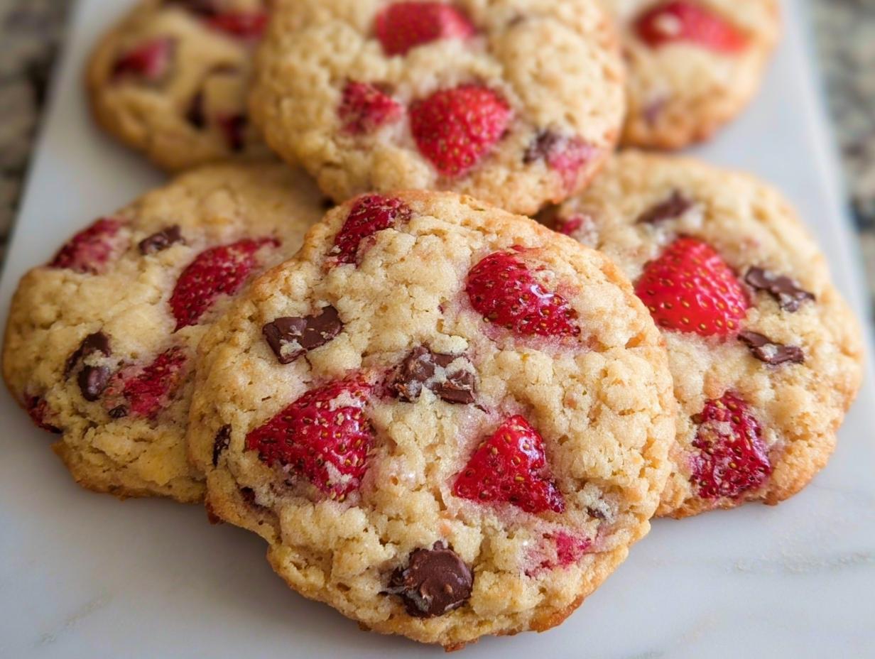A close-up stack of freshly baked Fresh Strawberry Cookies studded with bright red strawberry pieces and dark chocolate chips.