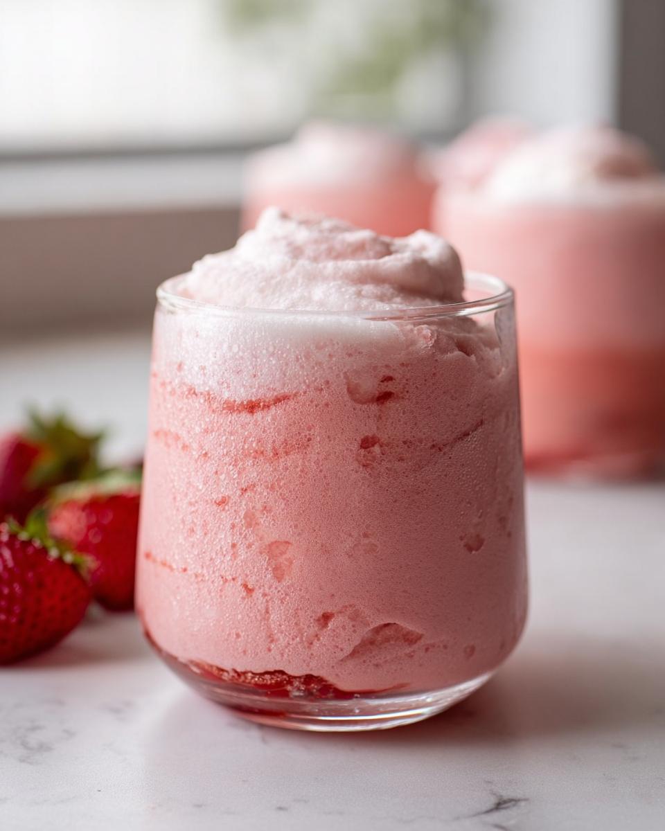 Close-up of a glass filled with airy, pink Fresh Strawberry Mousse, with whole strawberries nearby.