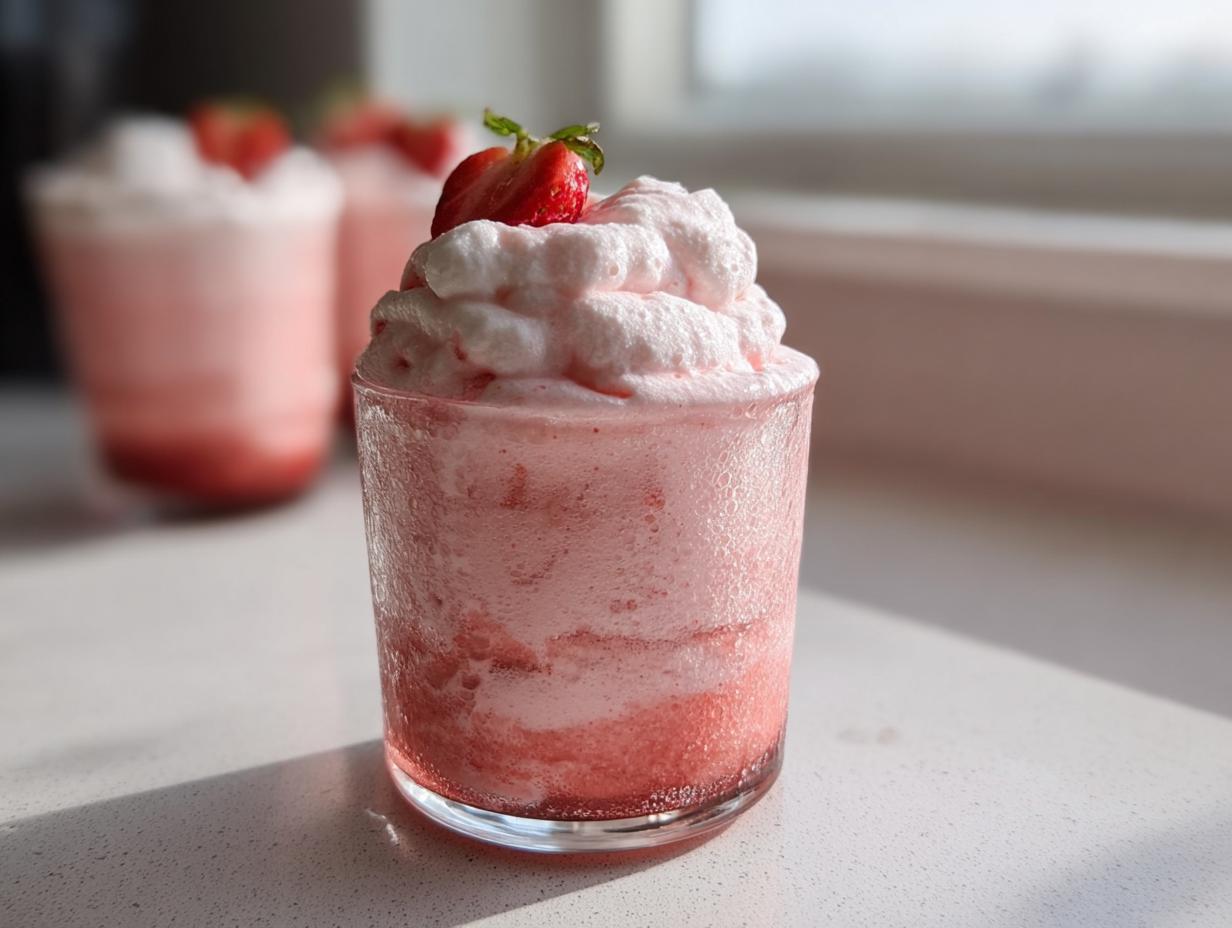 Close-up of a glass filled with light pink Fresh Strawberry Mousse, topped with whipped cream and a strawberry slice.