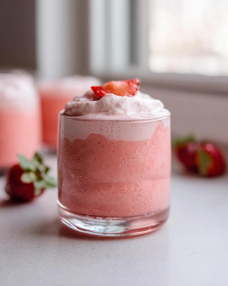A glass filled with light pink Fresh Strawberry Mousse, topped with whipped cream and a strawberry slice.