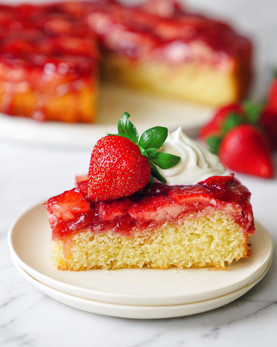 A close-up slice of Fresh Strawberry Upside Down Cake topped with a whole strawberry and whipped cream.