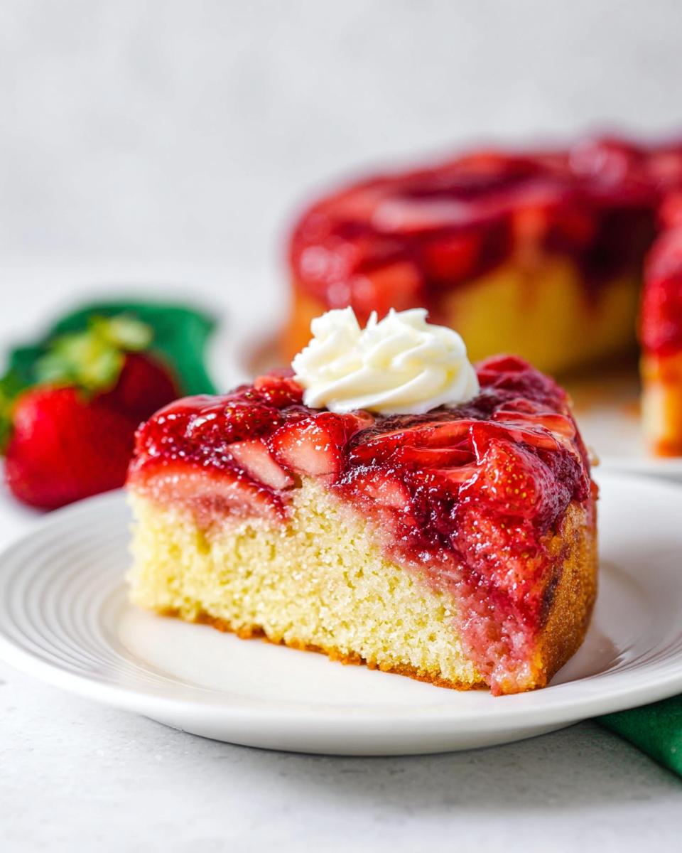A close-up of a moist slice of Fresh Strawberry Upside Down Cake topped with whipped cream.