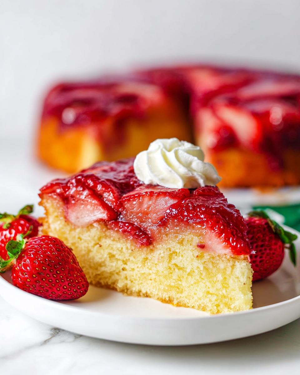 A slice of Fresh Strawberry Upside Down Cake topped with whipped cream and fresh strawberries on the side.