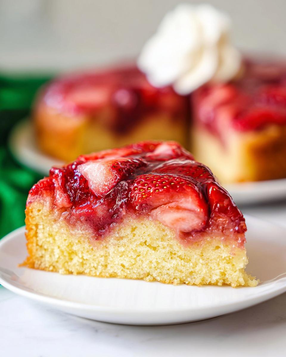 A close-up slice of Fresh Strawberry Upside Down Cake showing the moist yellow cake base and glazed strawberry topping.