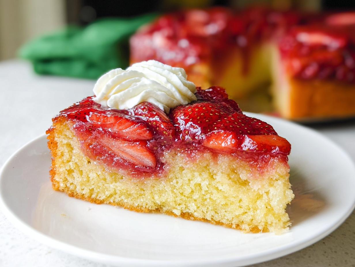 A slice of moist Fresh Strawberry Upside Down Cake topped with glazed strawberries and whipped cream.
