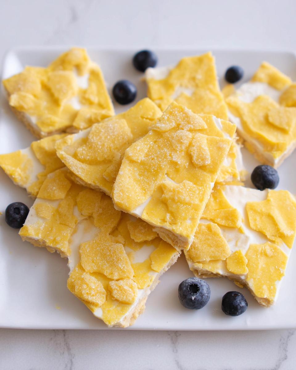 Close-up of broken pieces of bright yellow Frozen Lemon Yogurt Bark layered over white yogurt, garnished with fresh blueberries.