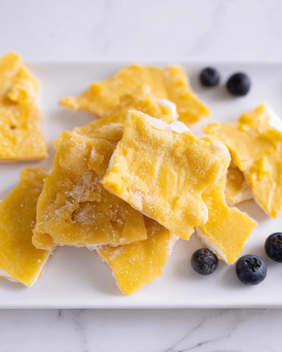 Close-up of bright yellow Frozen Lemon Yogurt Bark broken into pieces, garnished with fresh blueberries on a white plate.