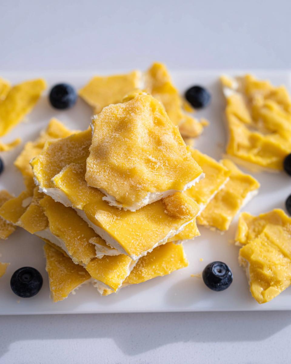 A stack of bright yellow Frozen Lemon Yogurt Bark pieces garnished with fresh blueberries on a white platter.