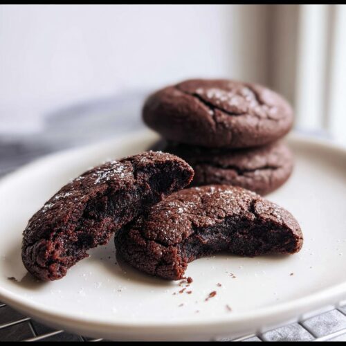 Close-up of fudgy Cocoa Powder Cookies, one broken in half showing the soft interior.