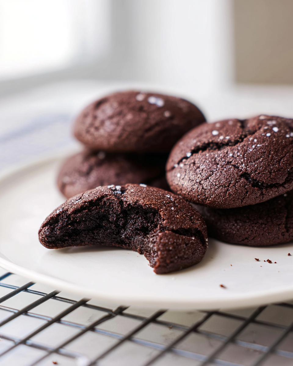 A stack of rich, dark Cocoa Powder Cookies, one with a bite taken out, sprinkled with sea salt.