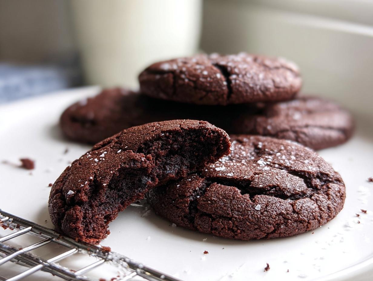 Close-up of fudgy Cocoa Powder Cookies, one broken in half showing the soft interior, sprinkled with sea salt.