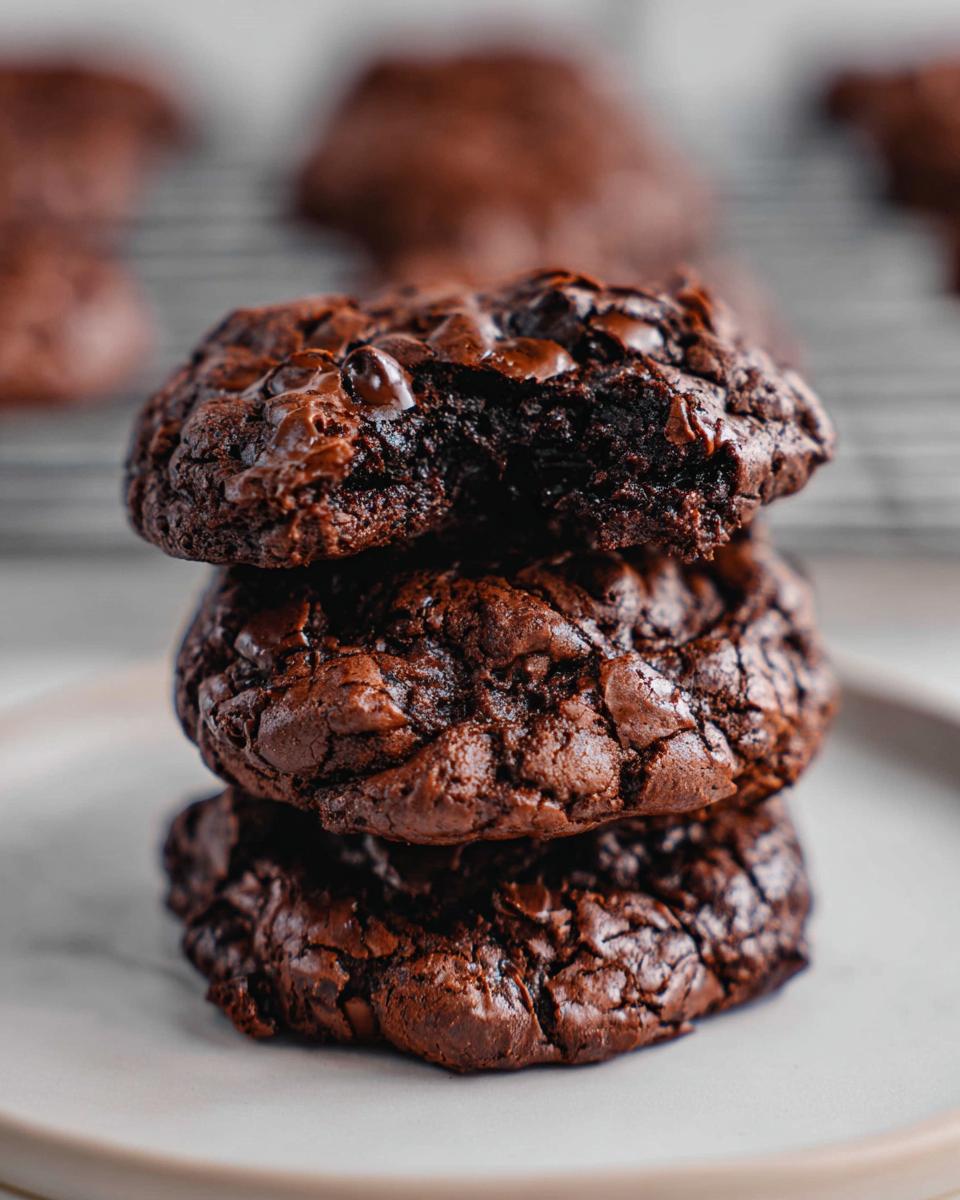 Close-up of a stack of three rich, dark Flourless Chocolate Cookies with melted chocolate chips.