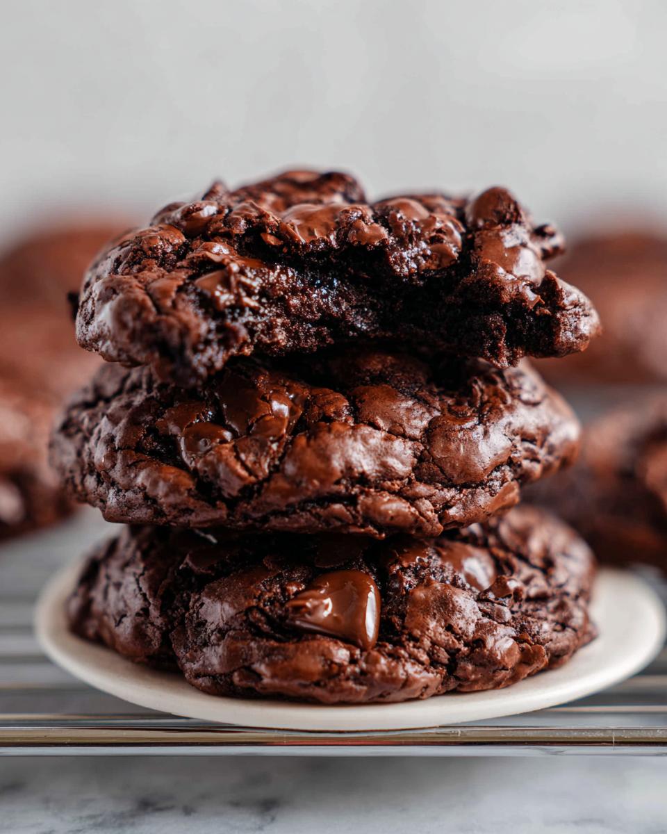 A stack of three rich, dark, and fudgy Flourless Chocolate Cookies, with the top one broken open.