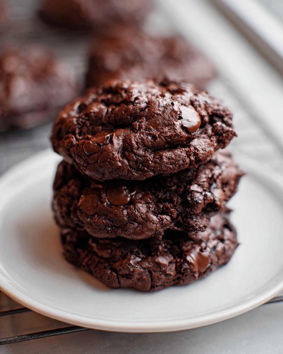 A stack of three rich, dark, fudgy Flourless Chocolate Cookies piled on a white plate.