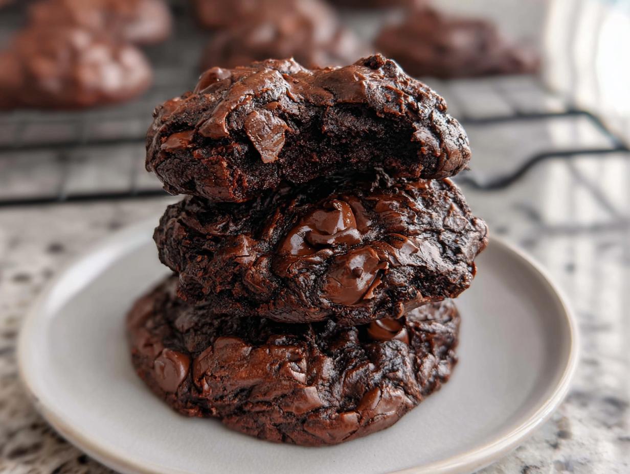 A stack of three rich, fudgy Flourless Chocolate Cookies piled on a small white plate.