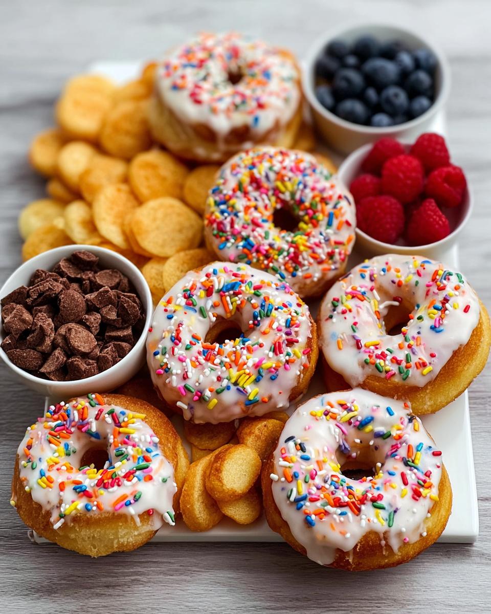 A platter featuring glazed donuts with rainbow sprinkles, chips, chocolate chips, blueberries, and raspberries, perfect for a Fun Weekend Breakfast Idea.