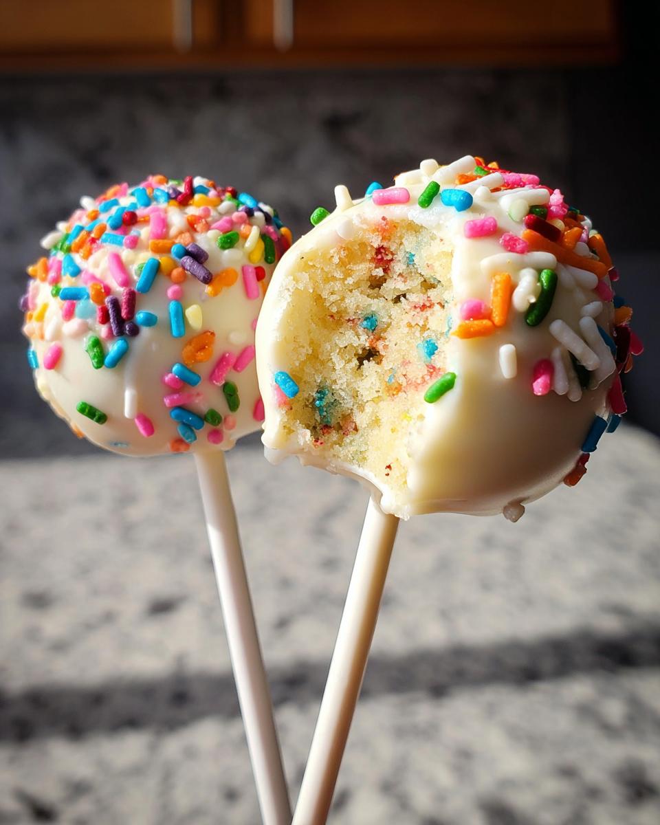 Two white chocolate-dipped Funfetti Cake Pops, one with a bite taken out showing the colorful cake interior.