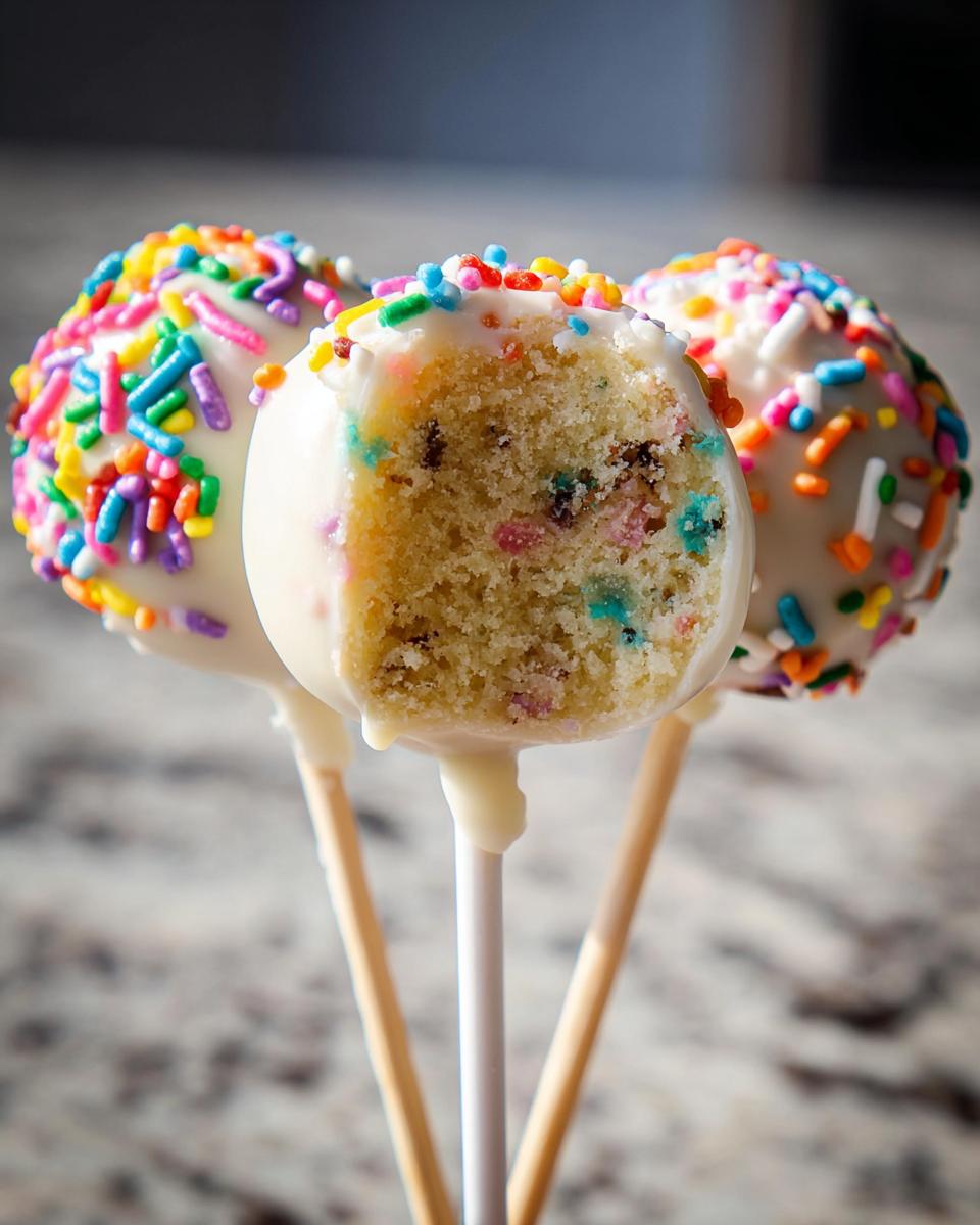 Three Funfetti Cake Pops coated in white chocolate and rainbow sprinkles, with one showing a bite taken out to reveal the cake interior.