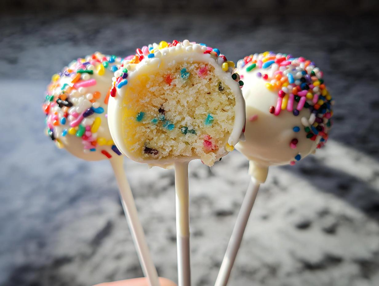 Close-up of three white chocolate coated Funfetti Cake Pops, one cut open to show the colorful cake interior.