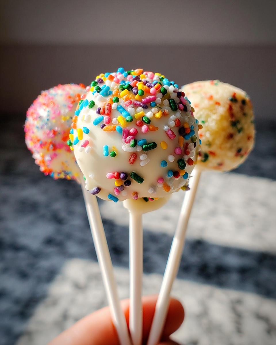 Three Funfetti Cake Pops held up, featuring white chocolate coating and bright rainbow sprinkles.