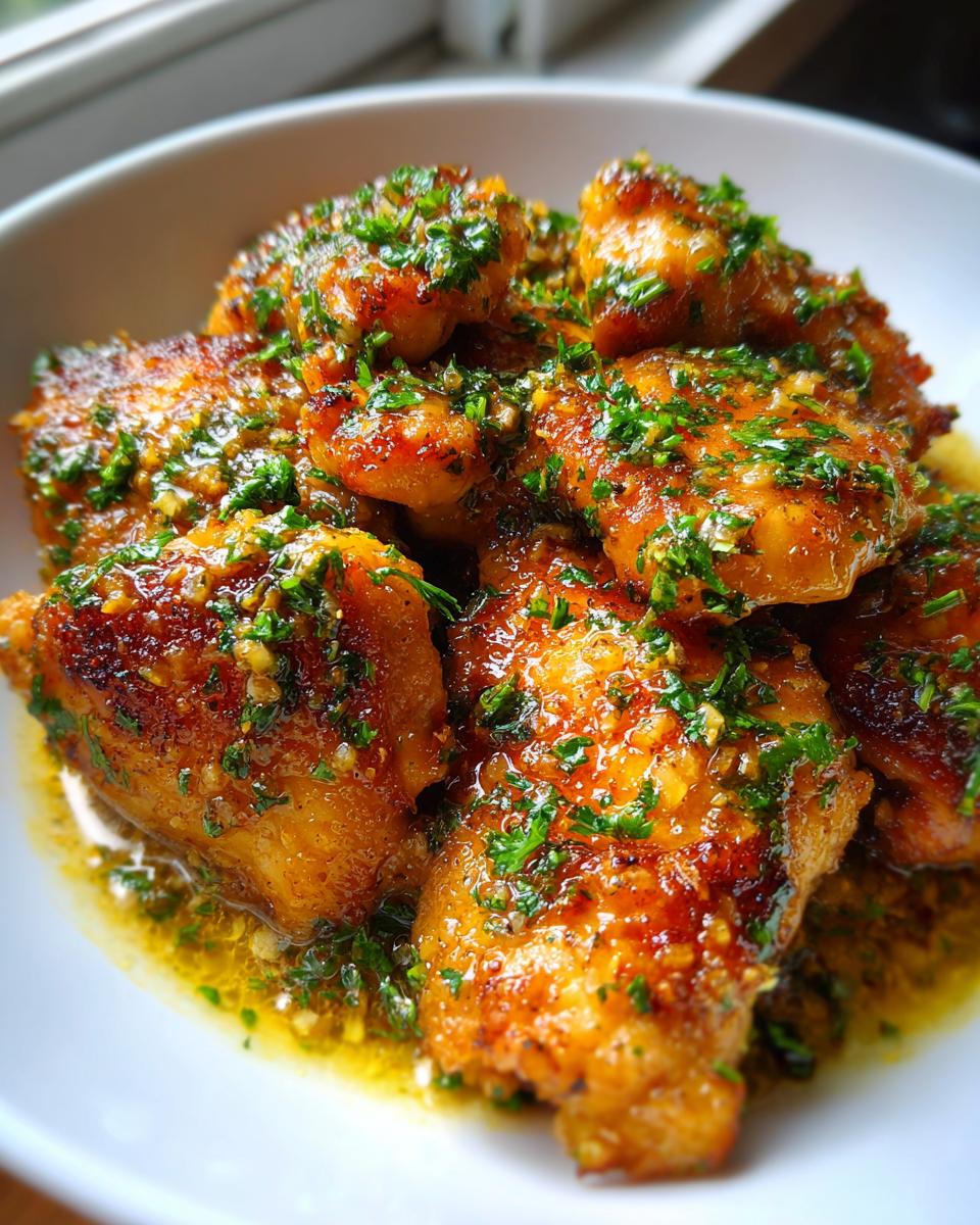 Close-up of golden brown chicken pieces smothered in garlic butter sauce and topped with fresh parsley for a Garlic Butter Chicken Dinner.