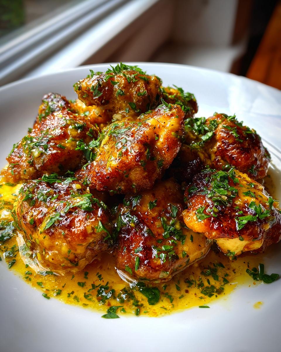 Close-up of juicy chicken pieces coated in rich garlic butter sauce and topped with fresh parsley for a Garlic Butter Chicken Dinner.
