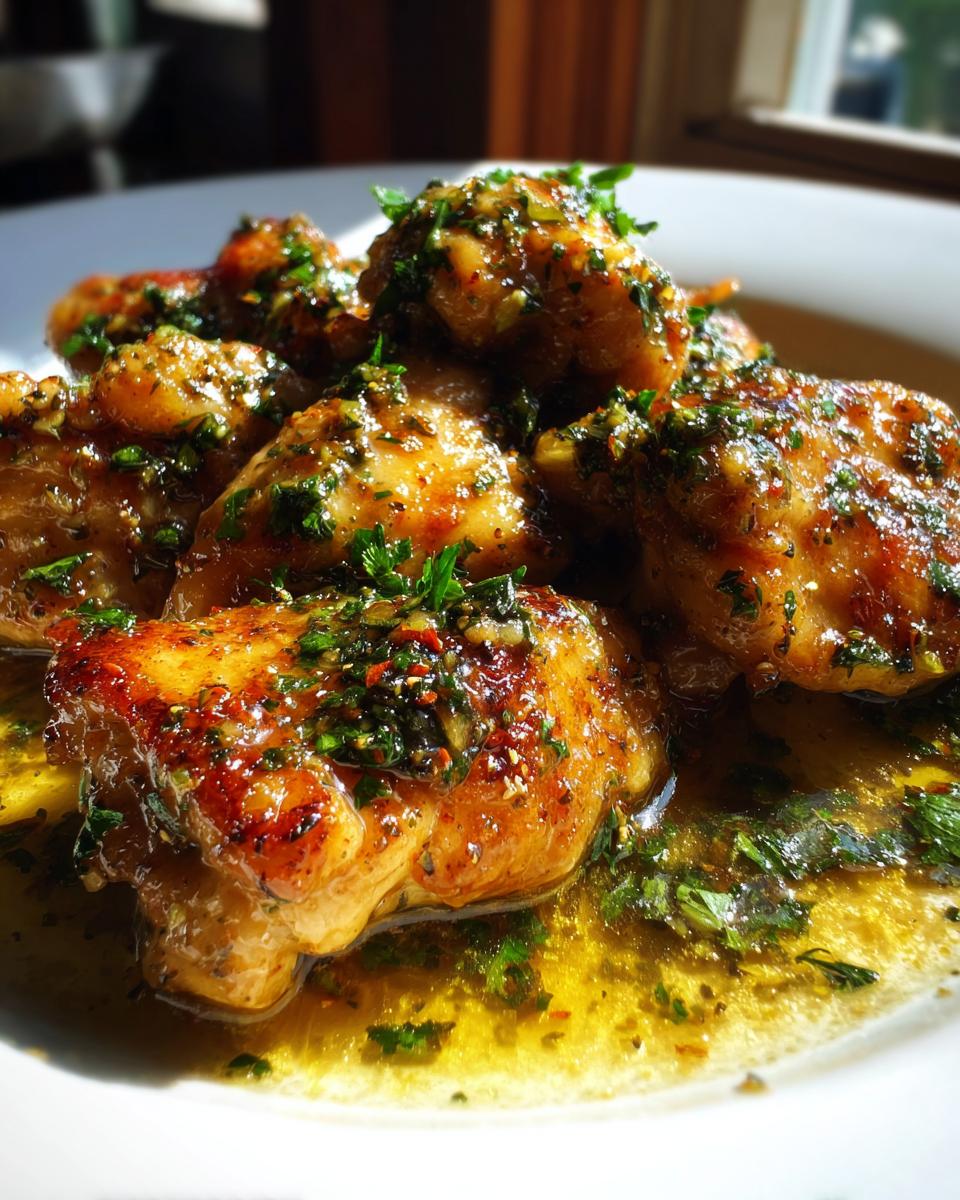 Close-up of golden-brown Garlic Butter Chicken Dinner pieces coated in rich garlic butter sauce and fresh parsley.