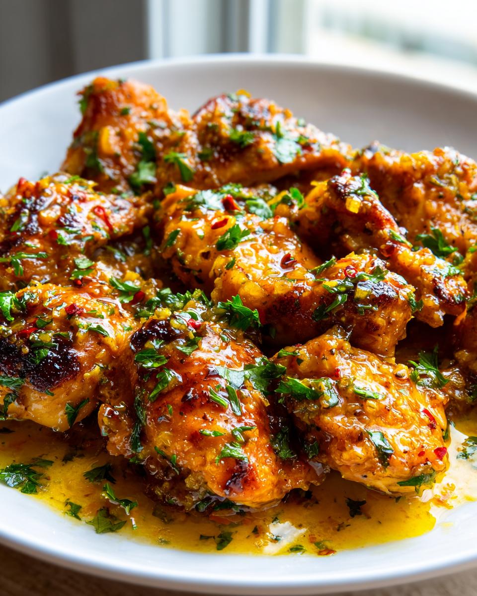 Close-up of seared chicken pieces smothered in a rich, glossy garlic butter sauce, garnished with fresh parsley.