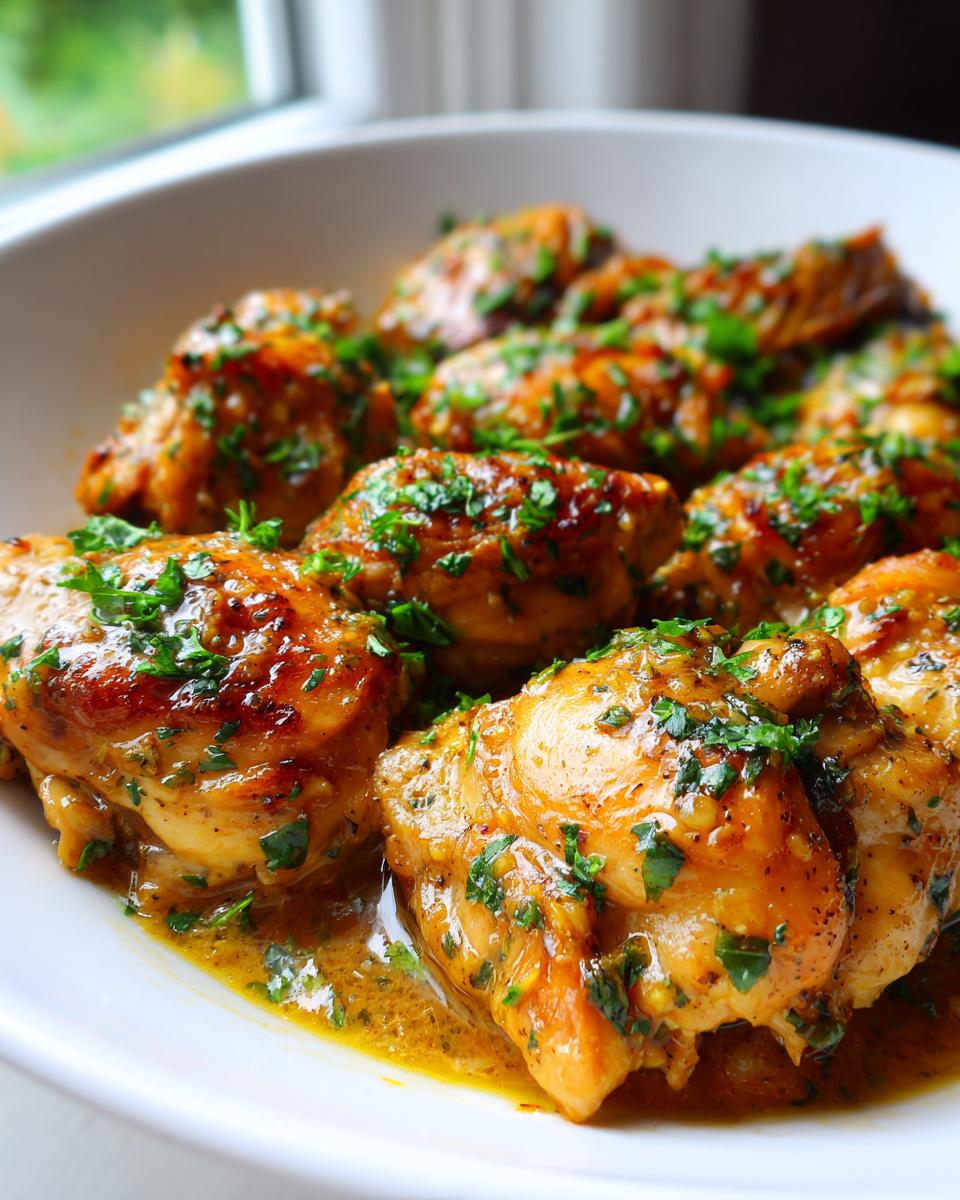 Close-up of juicy chicken thighs smothered in rich garlic butter sauce and topped with fresh parsley, ready for a Garlic Butter Chicken Dinner.